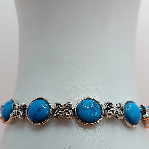 Stabilized Natural Turquoise 8mm & Marcasite 925 Sterling Silver Bracelet 7" - Picture 9 of 10